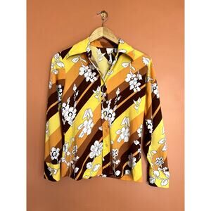 70s Vintage Pixelated 8-bit Floral Button up Blouse by KMART - Size 36